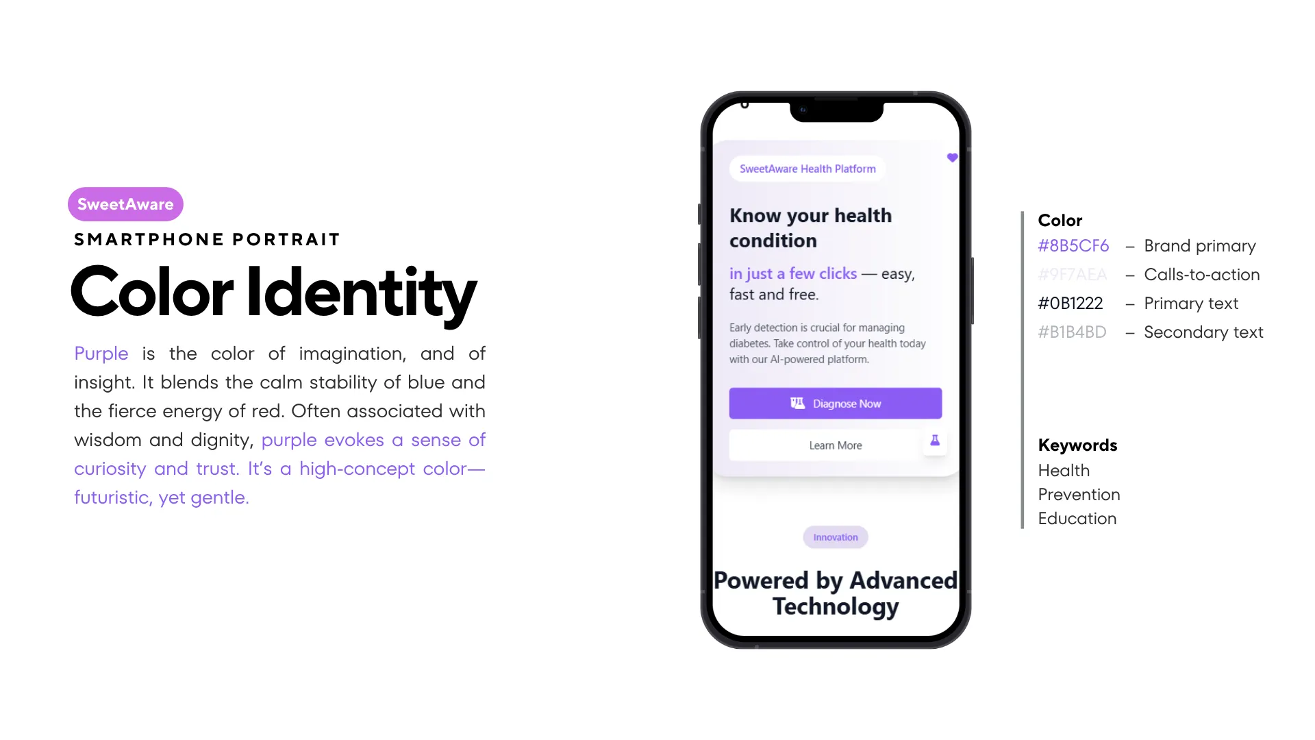 SweetAware brand color identity slide showing the purple color palette