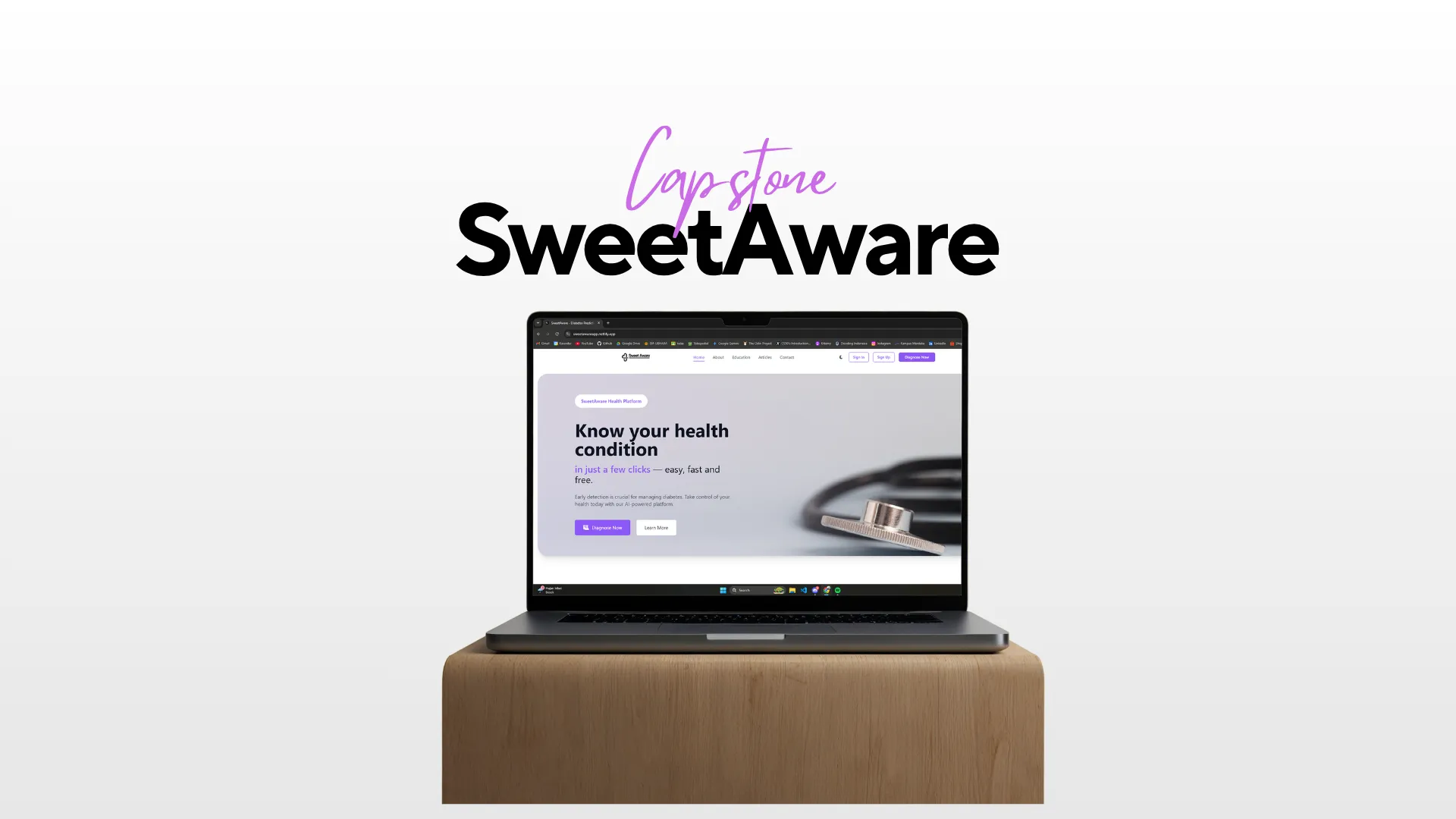 SweetAware website homepage showing the headline 'Know your health condition in just a few clicks' displayed on a laptop screen