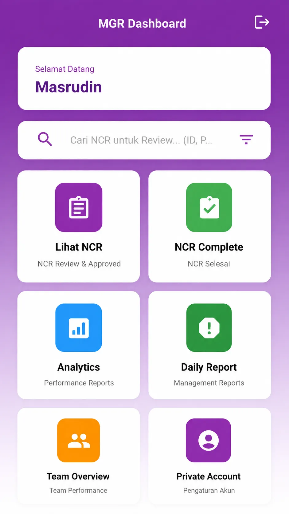 Manager dashboard showing full NCR lifecycle overview with PDF export option