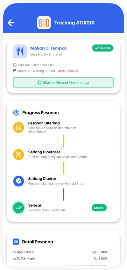 Order status screen showing an active order with items and estimated time
