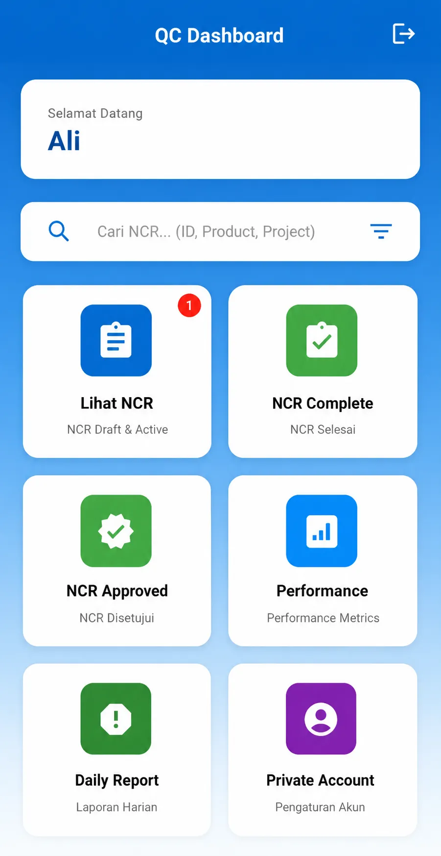 QC Staff dashboard showing non-conformance report list and defect entry form